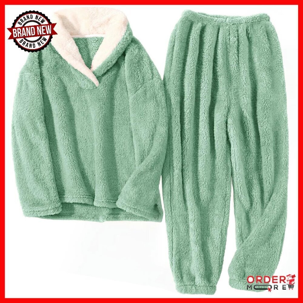 Winter Warm Fuzzy Pajama Set Fleece Lounge Sleepwear 2 Piece Plush